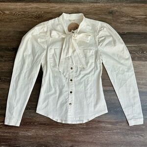 Aaron & Amber White Denim Puff Sleeve Tie Bow Blouse Top Size Small